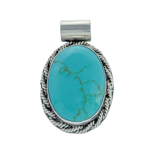 Vintage Mexico Sterling Silver 925 Rope Frame Blue Magnesite Pendant - Picture 1 of 6